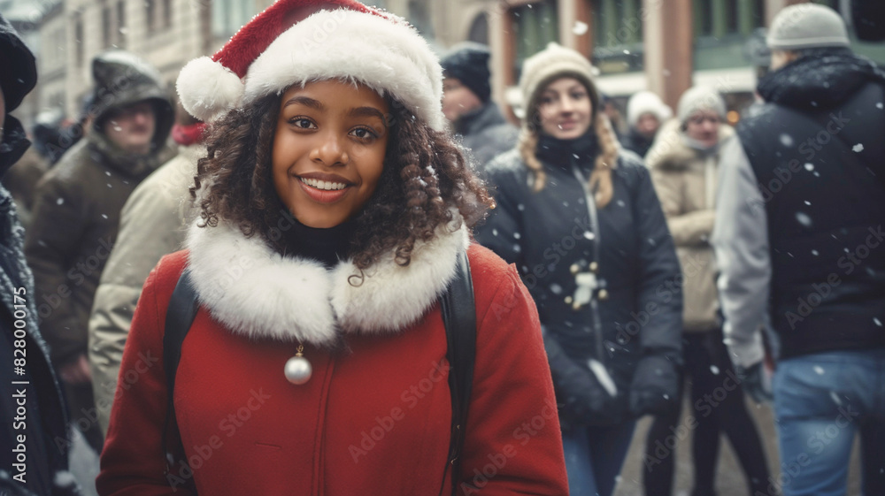 Fototapeta premium Teenage African American Girl in Santa Costume, Winter Jacket, Bobble Hat, Strolling Through European Town in Snow Before Christmas