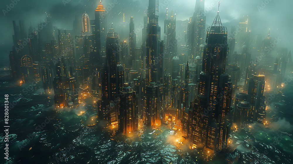 illustration of futuristic metropolis submerged beneath ocean waves with towering skyscrapers bioluminescent reefs and underwater habitats teeming with life in a subaquatic world of wonder and mystery