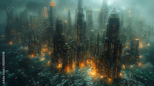 illustration of futuristic metropolis submerged beneath ocean waves with towering skyscrapers bioluminescent reefs and underwater habitats teeming with life in a subaquatic world of wonder and mystery photo