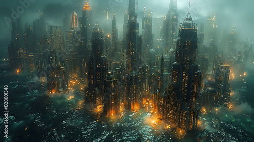 illustration of futuristic metropolis submerged beneath ocean waves with towering skyscrapers bioluminescent reefs and underwater habitats teeming with life in a subaquatic world of wonder and mystery