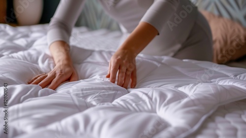 Woman's Hands Smoothing White Fitted Sheet on Bed