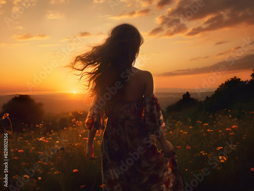 Young woman standing in a meadow feeling happy and free with open arms up to the warm sunlight. Feelings of peace and happiness concept.