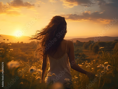 Young woman standing in a meadow feeling happy and free with open arms up to the warm sunlight. Feelings of peace and happiness concept.