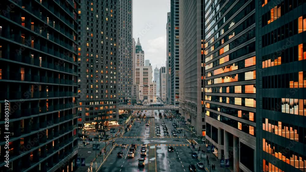 Busy Downtown City Area Slow Flight Between Buildings Heavy Traffic Financial District Green Energy Overpopulation Autonomous Vehicles Ai Concept