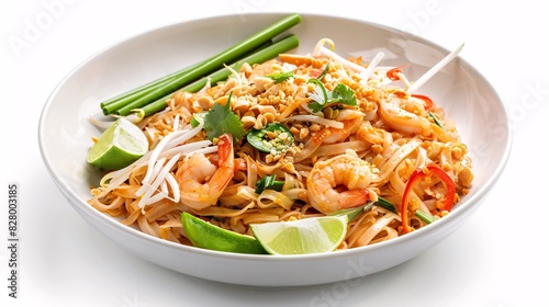Authentic Thai Cuisine - Pad Thai - A Classic Stir-Fried Noodle Dish with Shrimp, Tofu, Peanuts, Bean Sprouts, Lime, and Cilantro, Iconic Thai Street Food. - Generative AI