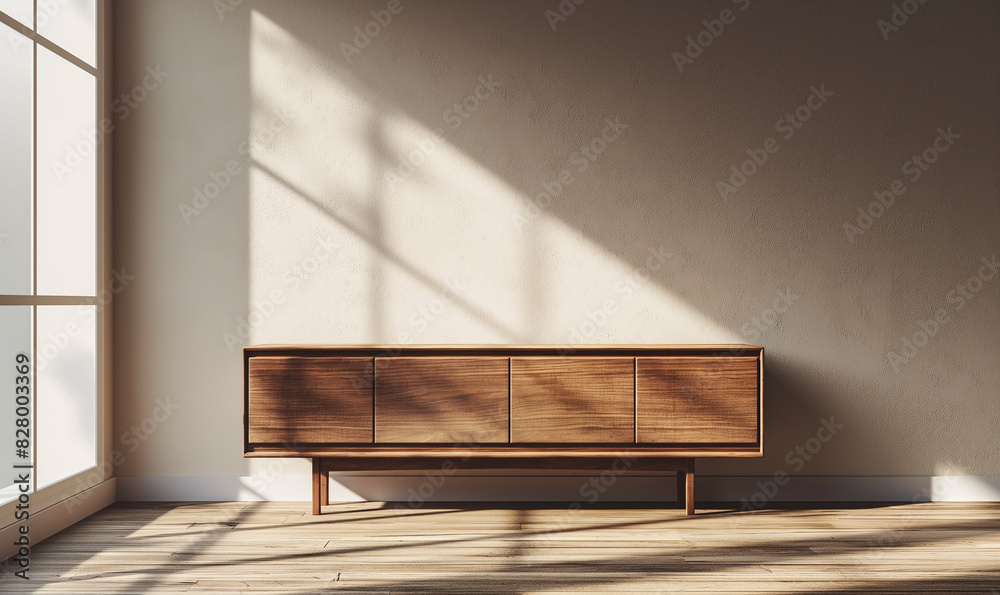 3d rendering, A sideboard made of walnut wood stands against the wall of an empty room, with the rays of sunlight falling on it and creating beautiful shadows while highlighting its elegant lines