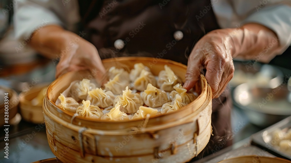 Close-up of a chef's hands skillfully wrapping steamed dumplings, showcasing traditional Thai culinary artistry - Generative AI Close-up of a chef's hands skillfully wrapping steamed dumplings, showcasing traditional Thai culinary artistry - Generative AI