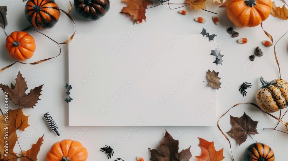 Fototapeta premium Flat lay mockup for Halloween. Empty sheet in the middle. Top view, copy space