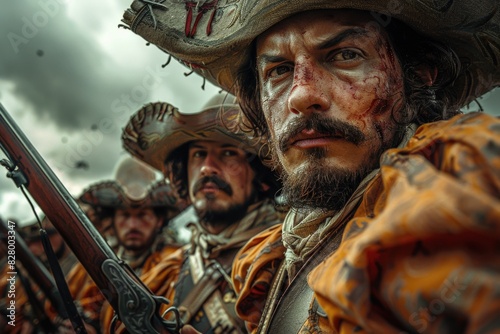Elegant musketeer in historical attire, portraying bravery and chivalry in an enchanting renaissance setting, a symbol of classic heroism and adventure
