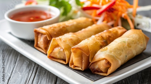 Crispy Thai Spring Rolls Served with Sweet Chili Sauce, Appetizing Traditional Thai Appetizer, Delicious and Flavorful Finger Food, Perfectly Golden Fried Rolls, Tasty Thai Cuisine - Generative AI