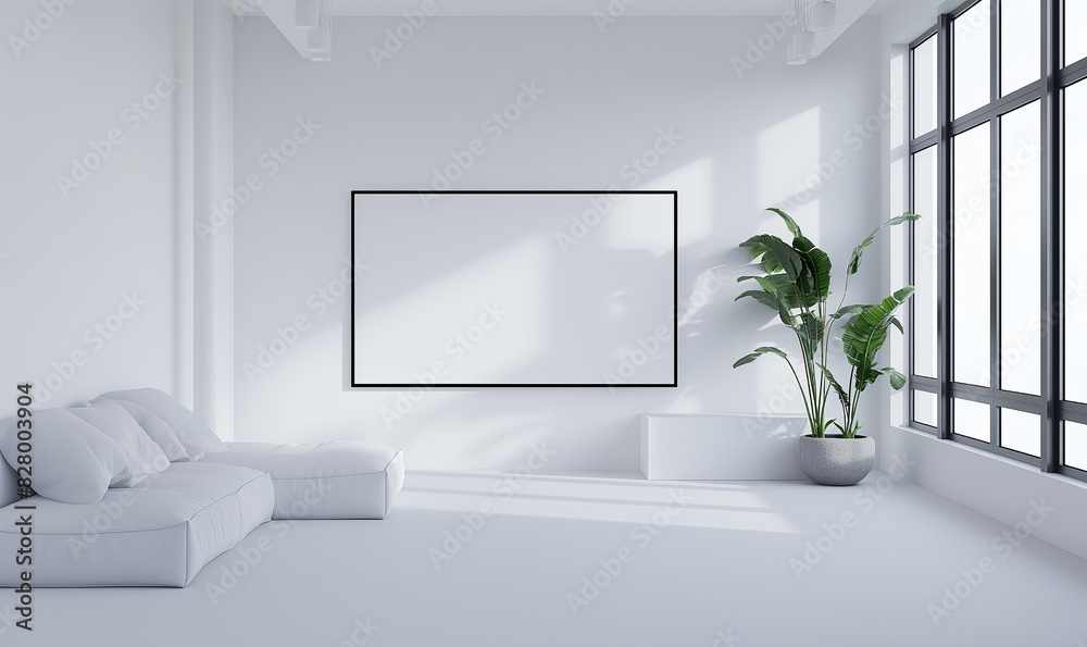 3d rendering, Minimalist white interior with super-sized wall-mounted TV 3d rendering, Minimalist white interior with super-sized wall-mounted TV