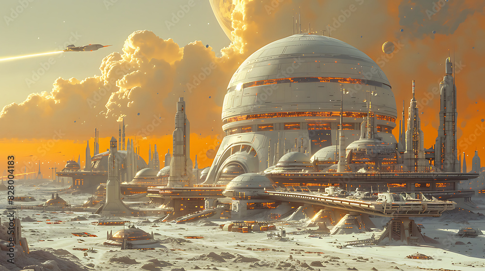 illustration of futuristic space station orbiting distant planet sleek ...
