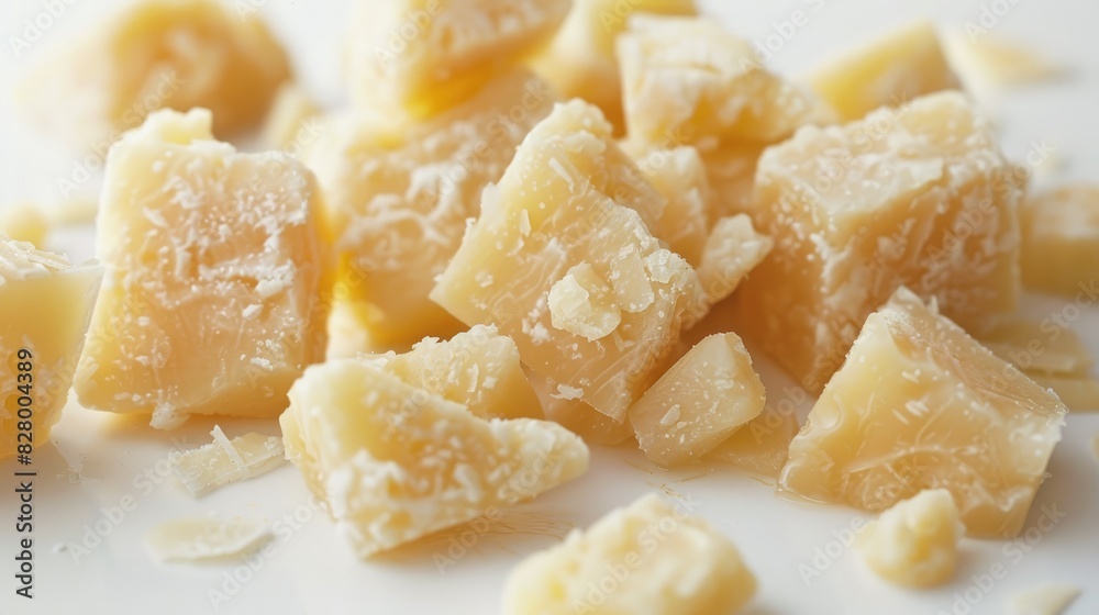 Closeup of Parmesan cheese chunks on a white background Closeup of Parmesan cheese chunks on a white background
