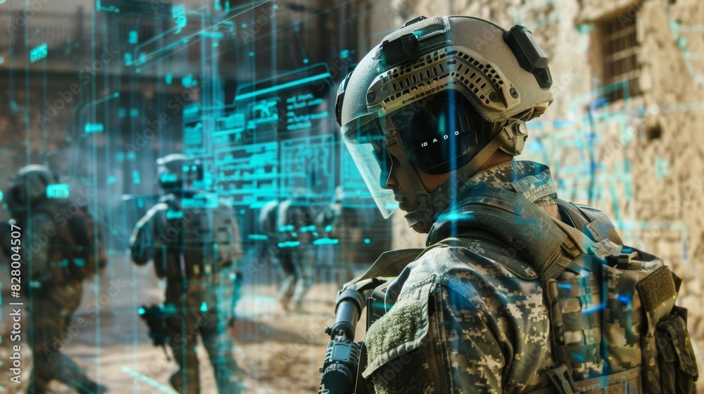 In a virtual warzone soldiers utilize VR technology to survey the area and gather information as part of their strategic planning. In a virtual warzone soldiers utilize VR technology to survey the area and gather information as part of their strategic planning.