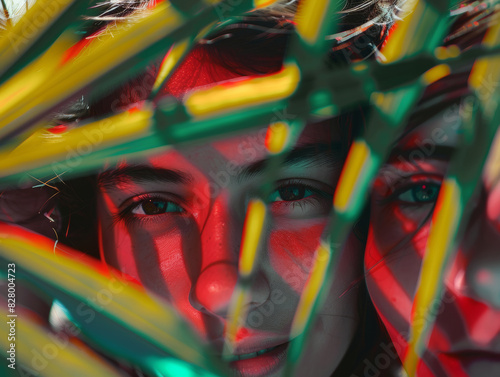 Close up view of women faces illuminated in red light neon and palm trees leaves out of focus in the foreground