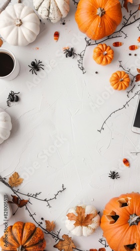 Flat lay mockup for Halloween. Empty sheet in the middle. Top view, copy space