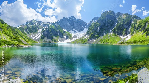 A clear lake nestled amidst lush green mountains under a blue sky. Generative AI © Анатолий Савицкий