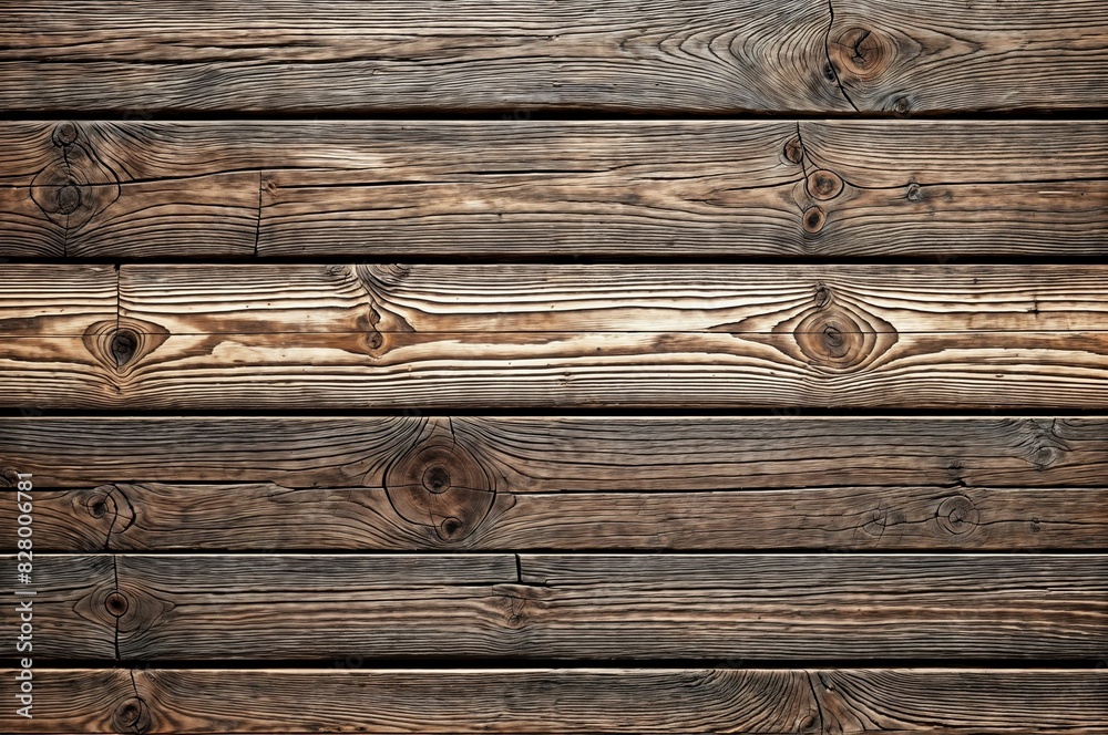 Close-up view of wooden planks has a brown color and shows signs of age and wear with cracks and knots visible - Generative AI Close-up view of wooden planks has a brown color and shows signs of age and wear with cracks and knots visible - Generative AI