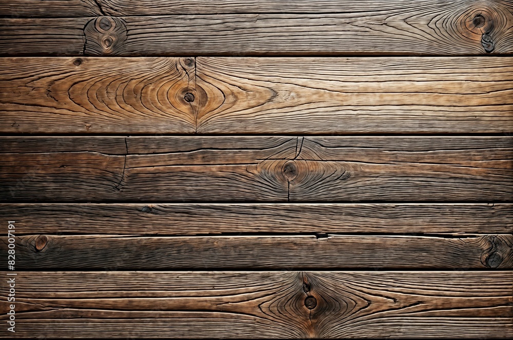 Naklejka premium Close-up view of wooden planks has a brown color and shows signs of age and wear with cracks and knots visible - Generative AI