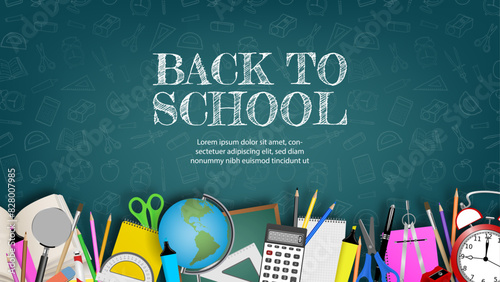 back to school banner with schhol supplies and chalk doodles