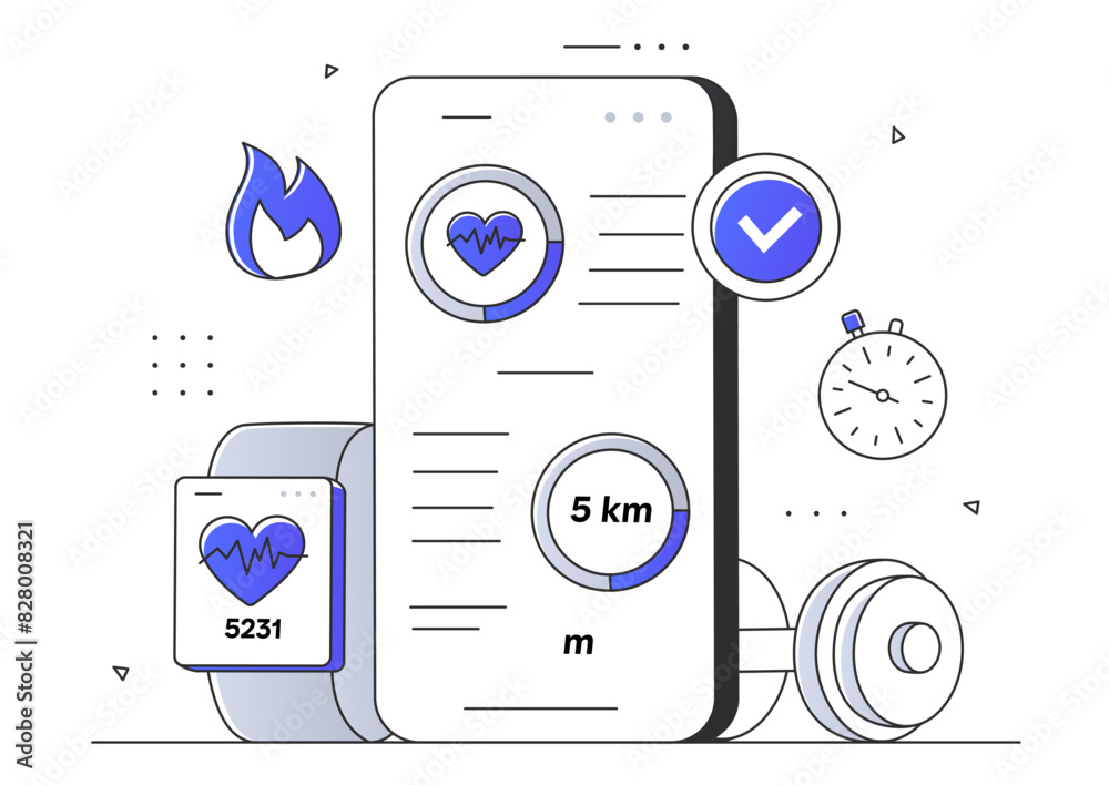 Fitness app. Application with pedometer and diet plan. Program for active lifestyle and fitness, workout, training. Line art style flat vector illustration on white background Fitness app. Application with pedometer and diet plan. Program for active lifestyle and fitness, workout, training. Line art style flat vector illustration on white background