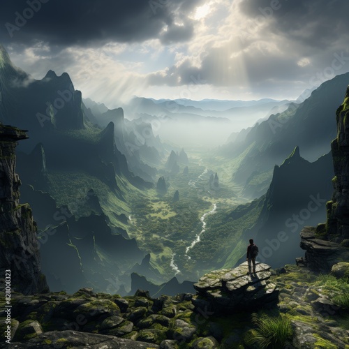 lone traveler on a rocky precipice, contemplating the view ahead. photo