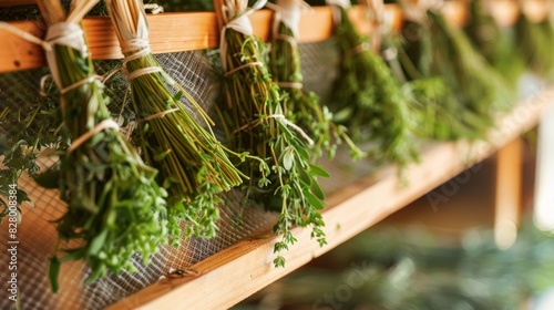 A simple but effective herb drying rack made from a wooden frame and mesh cleverly hanging bundles of herbs in a wellventilated area for optimal drying. photo