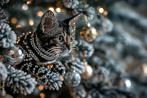 Festive Cat Covered in Rhinestones on Christmas Tree, New Year Holiday Celebration
