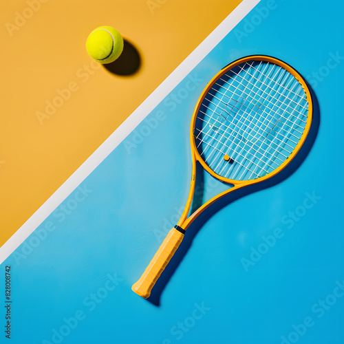 Tennis yellow ball, racket on the blue court. sports banner. healthy lifestyle concept isolated on white background, vintage, png
 photo