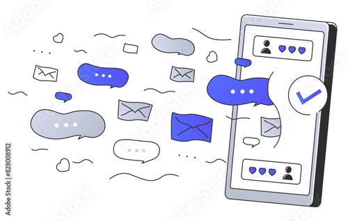 Flurry of messages. The barrage of messages tearing up the phone. Information overload from social media and messengers. Phone notifications. Line art flat vector illustration on white background