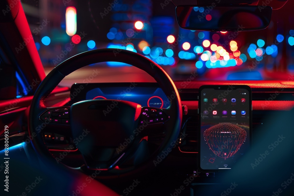 Futuristic car dashboard illuminated by vibrant city lights, enhancing night driving experience