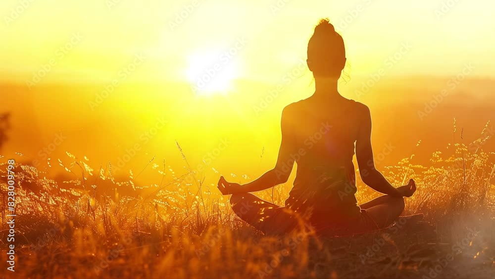 Silhouette of a woman practicing meditation in yoga position at sunrise Silhouette of a woman practicing meditation in yoga position at sunrise