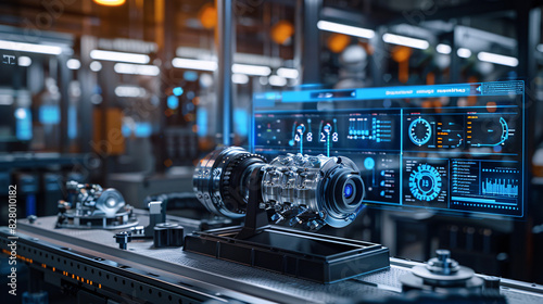 A high-tech engine system in a sleek laboratory, with digital screens displaying real-time performance data and diagnostics, highlighting advanced technology