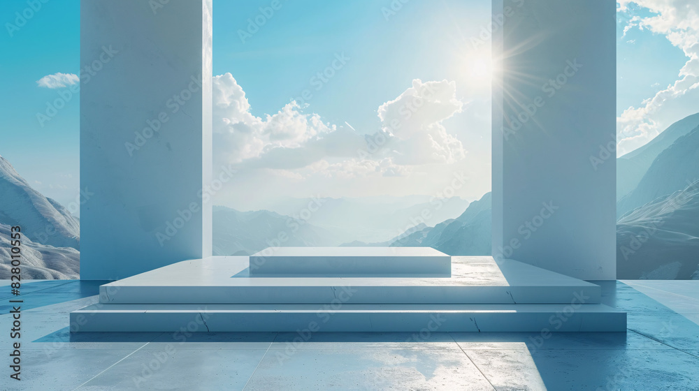 Fototapeta premium A podium in a minimalist setting, featuring a digital mockup on a screen above, ideal for virtual presentations or design previews