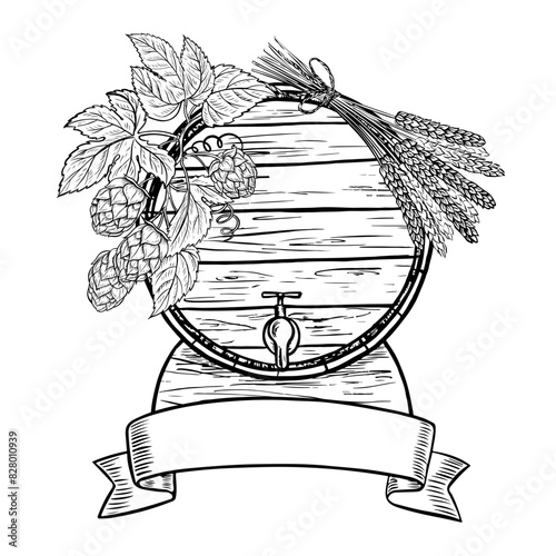 Wooden beer barrel, hops and malt. Label for the name. Black and white vector illustration, hand-made in the style of engraving. Great for bar or restaurant menus, labels, posters, and packaging.