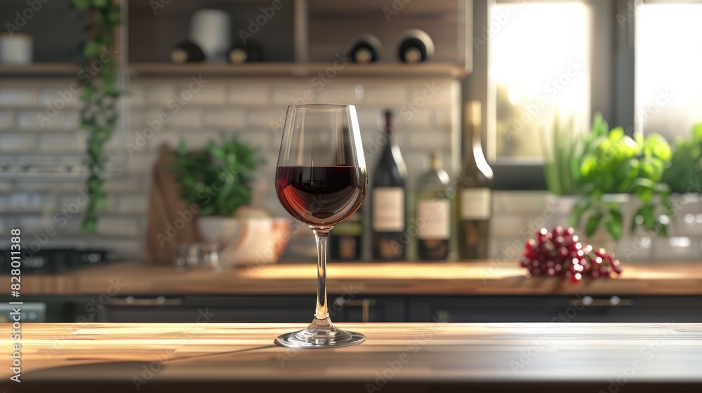 A glass of wine located in the kitchen A glass of wine located in the kitchen