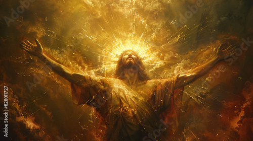 An inspiring image of Jesus Christ with outstretched arms, bathed in a warm and luminous halo of heavenly light, radiating love, compassion, and forgiveness photo