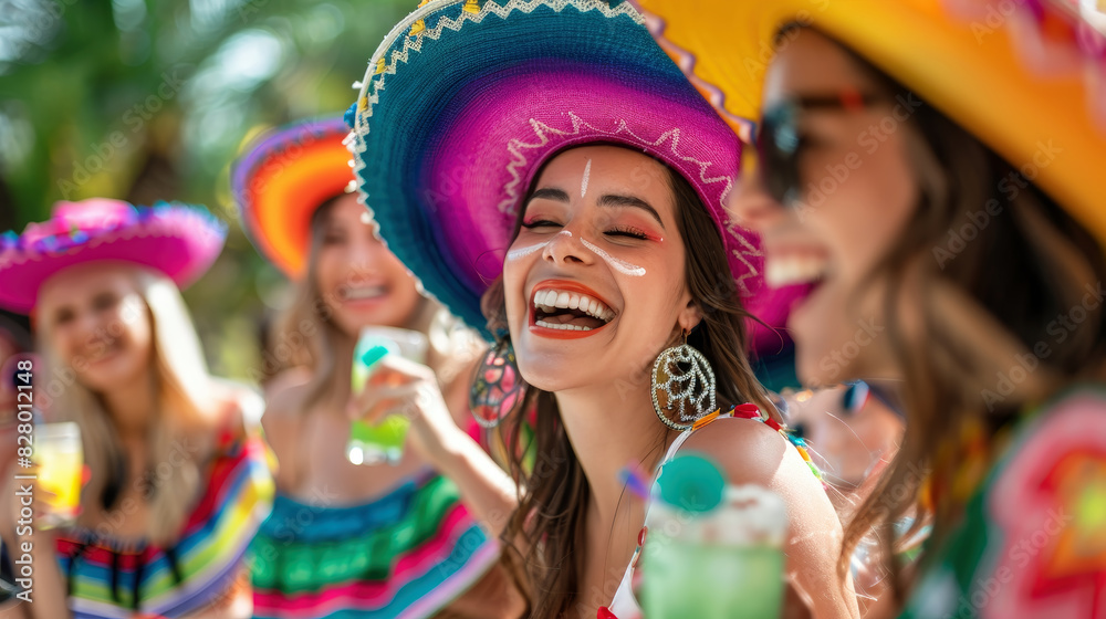 Cinco de Mayo. A group of friends laughing and having fun at a party. wearing colorful Mexican clothing sombreros, and margaritas. The atmosphere is festive and cheerful Cinco de Mayo. A group of friends laughing and having fun at a party. wearing colorful Mexican clothing sombreros, and margaritas. The atmosphere is festive and cheerful