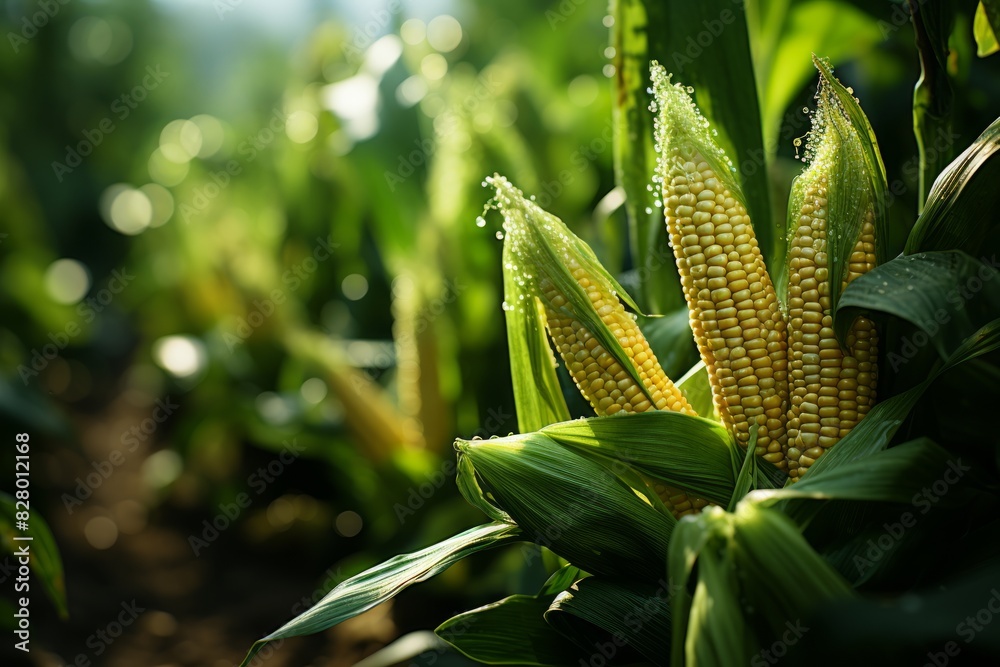 Obraz premium Fresh corn on the cob with water drops on a dark background.