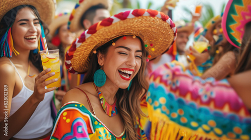 Cinco de Mayo. A group of friends laughing and having fun at a party. wearing colorful Mexican clothing sombreros, and margaritas. The atmosphere is festive and cheerful