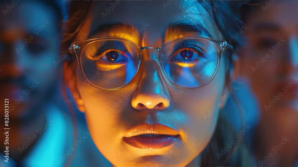 Portrait of a young woman wearing glasses, illuminated by colorful neon lights, giving a modern and futuristic feel. Portrait of a young woman wearing glasses, illuminated by colorful neon lights, giving a modern and futuristic feel.