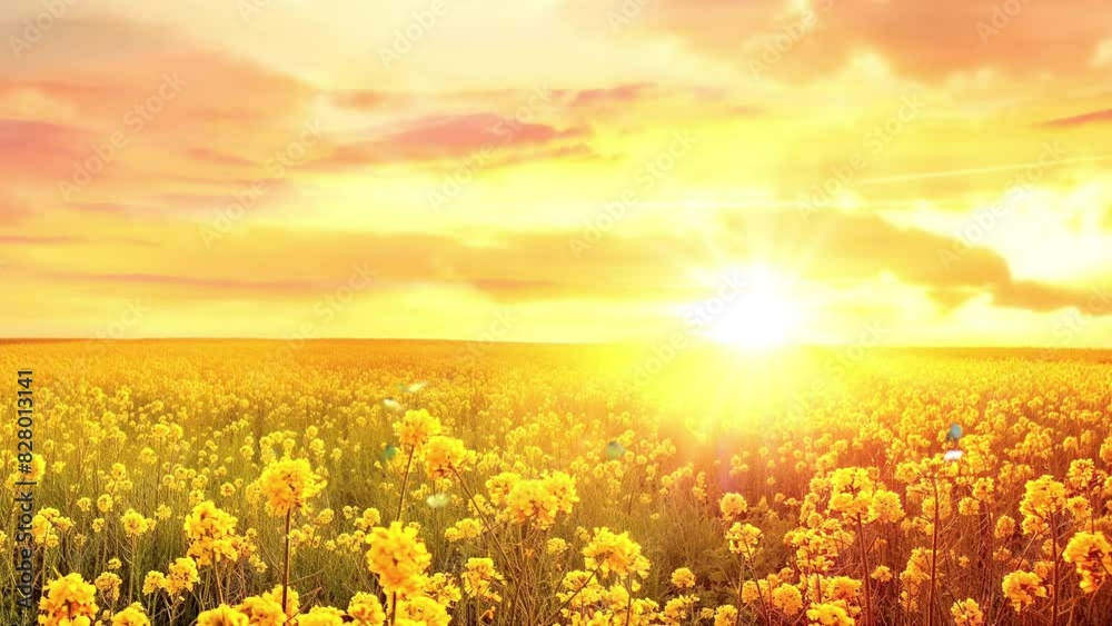 Yellow field rapeseed blooming with butterflies and sunset