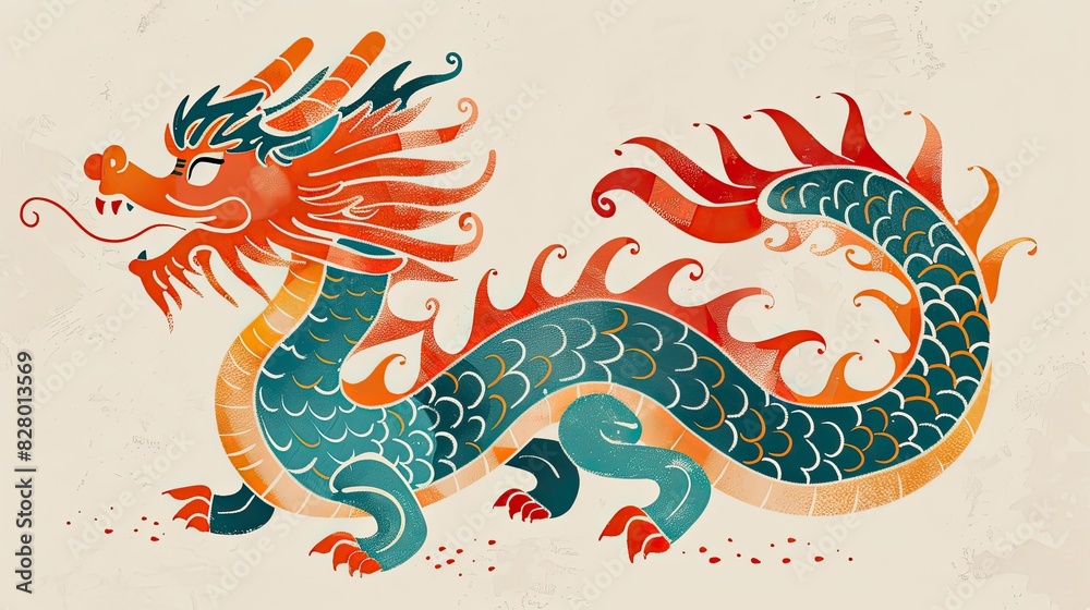 Cute Chinese dragon, symmetry, cute doodle art,sculpeure art, woodblock ...