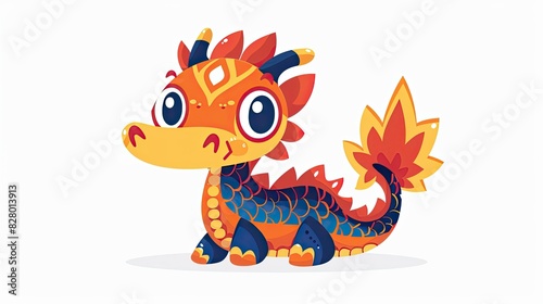 Cute Chinese dragon, symmetry, cute doodle art,sculpeure art, woodblock print style, in the style of chinese triditional art, flat cartoons, © ofri