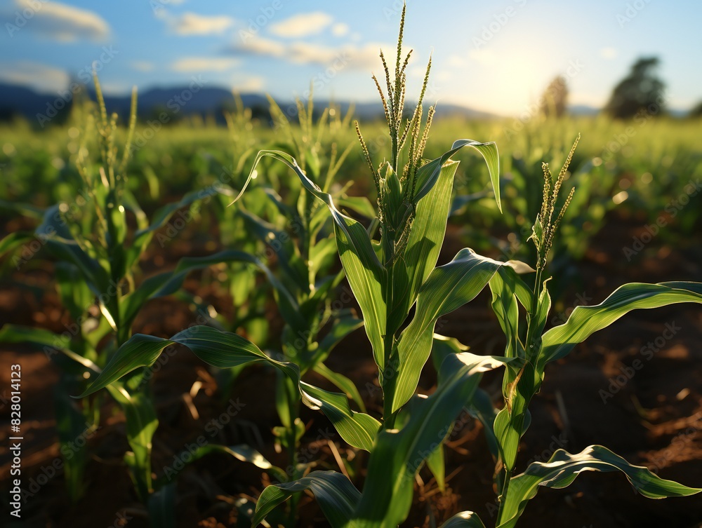 Young corn growing on the field, close up. Agricultural concept.