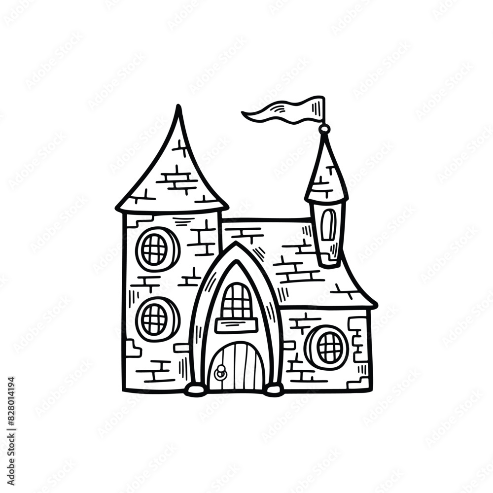 isolate black and white illustration of vampire castle on background