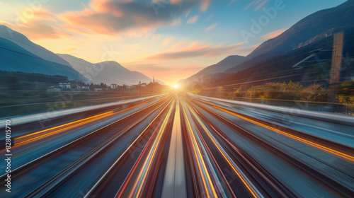 Blurred high-speed train tracks captured at sunset, creating a dynamic and futuristic visual of motion and speed through mountainous landscape. photo