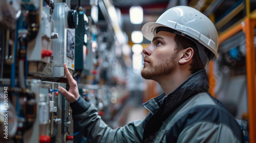 A focused industrial engineer wearing a hard hat inspects a control panel in a manufacturing facility, ensuring safety and functionality.