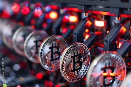 Bitcoin mining equipment with cryptocurrency coins photo