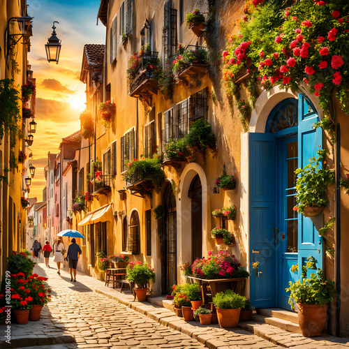 Charming Sunset Stroll Through Historic European Cobblestone Street